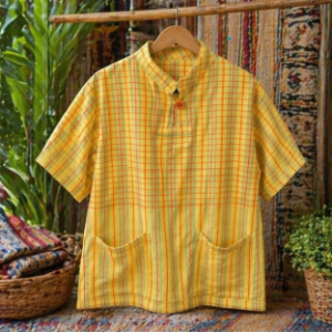 เสื้อผ้าทอคอจีนลายตารางสีเหลืองแฮนด์เมด